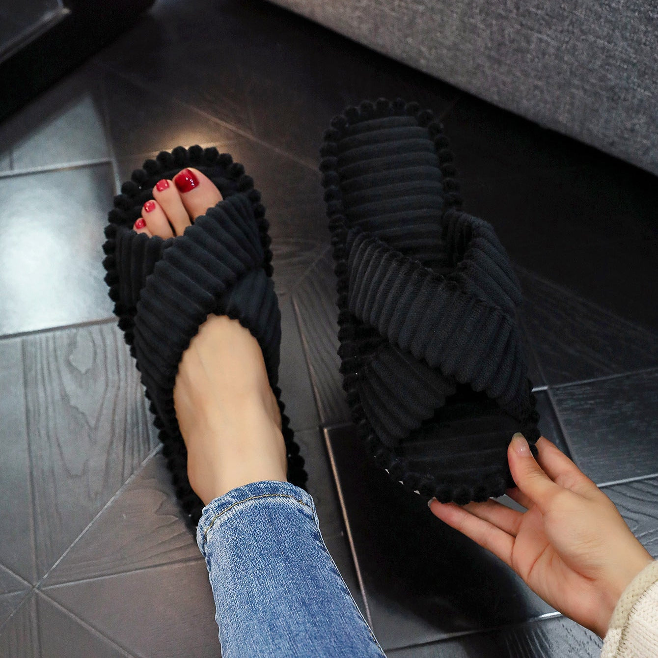 Cozy Corduroy Cross Strap Slides – Plush Platform Slippers