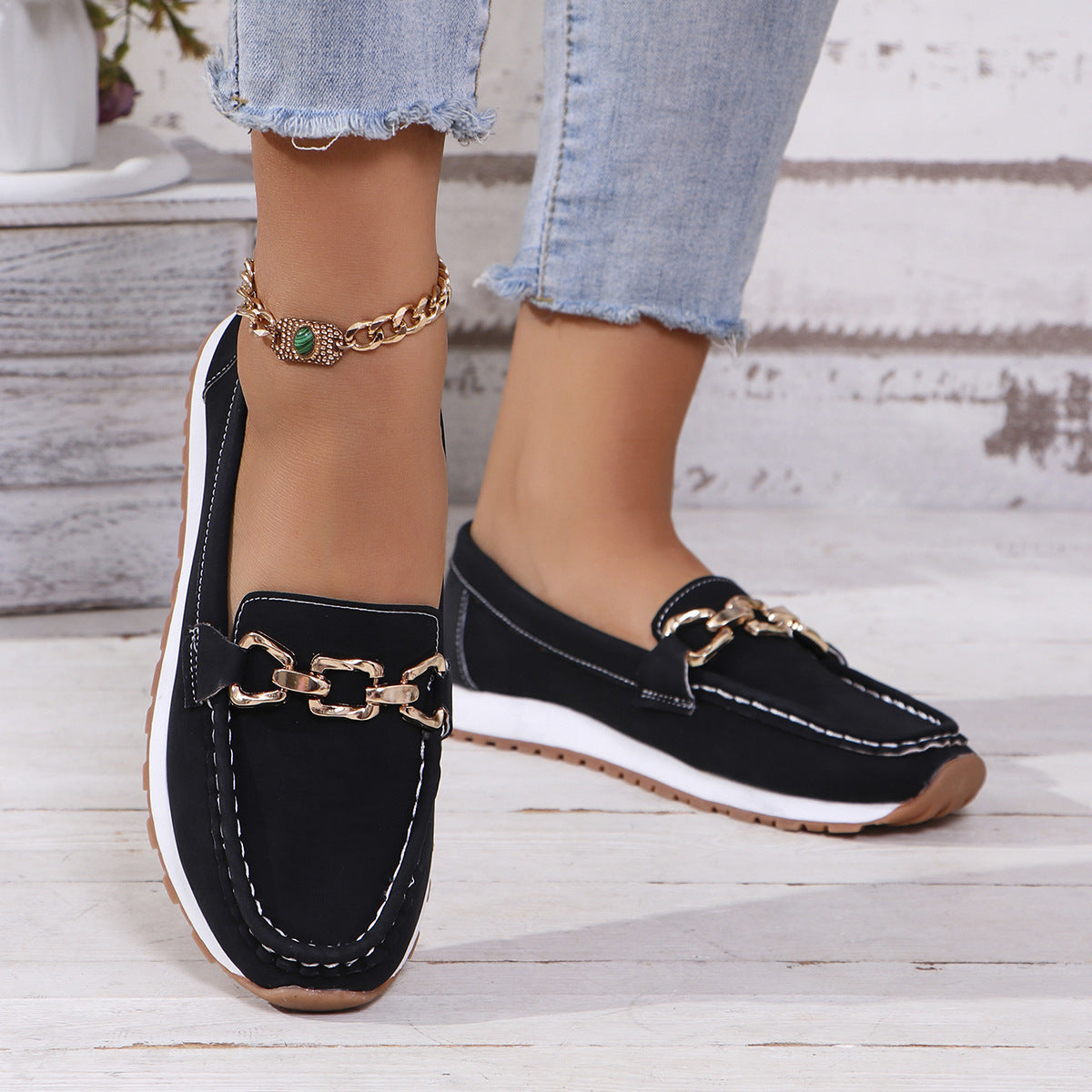 Classic Gold Buckle Loafers – Casual Platform Slip-On Shoes