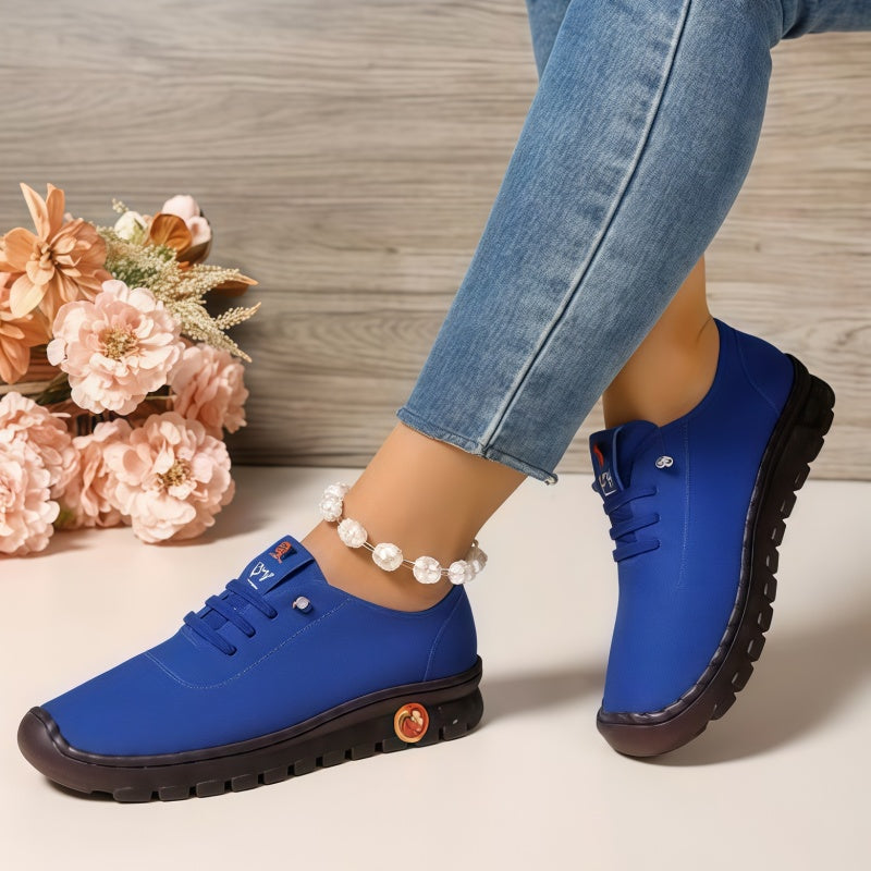 Casual Lace-Up Loafers for Women – Soft Leather Stitched Comfort Shoes with Anti-Slip Sole