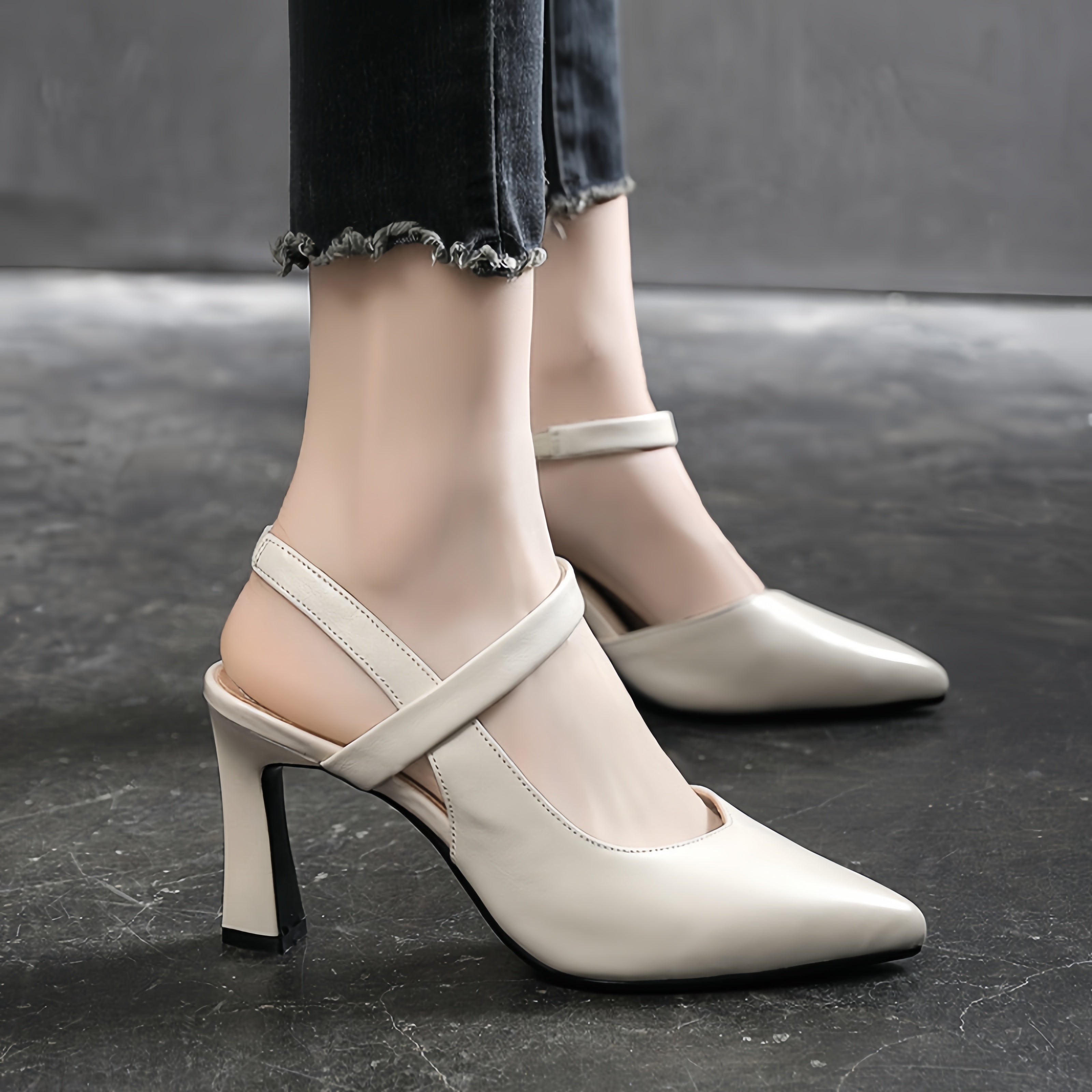Elegant Pointed Toe Slingback Heels – White Block Heel Pumps