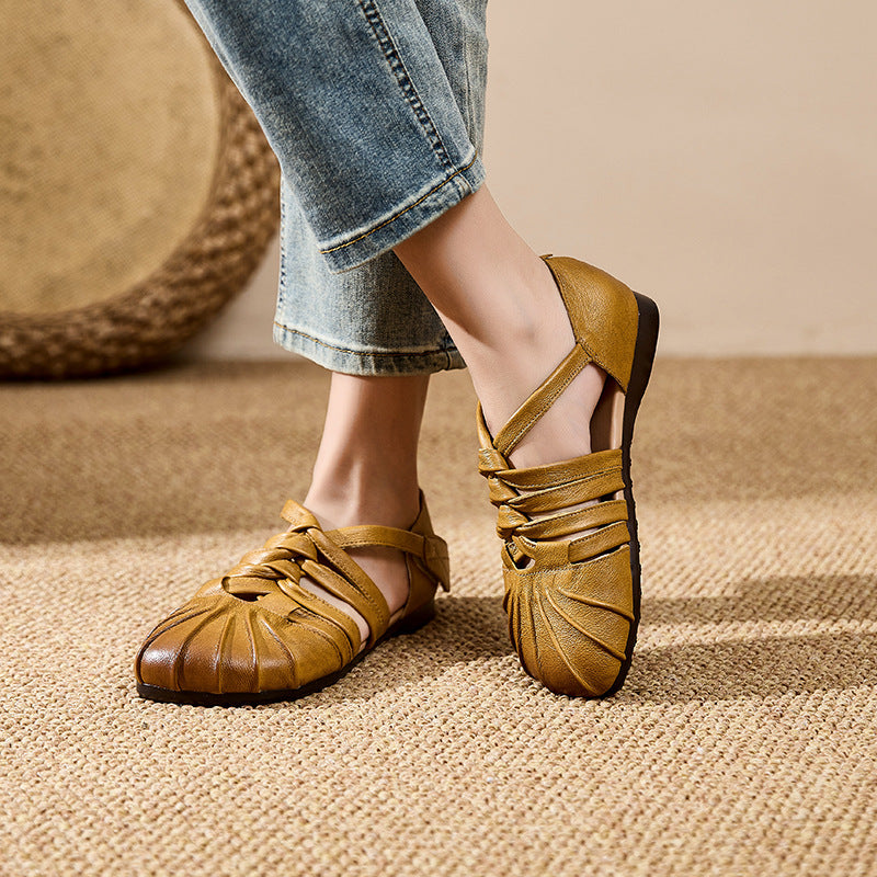 Women's Genuine Cow Leather Woven Strappy Flat Sandals - Pleated Open Toe Comfort Shoes with Ankle Strap