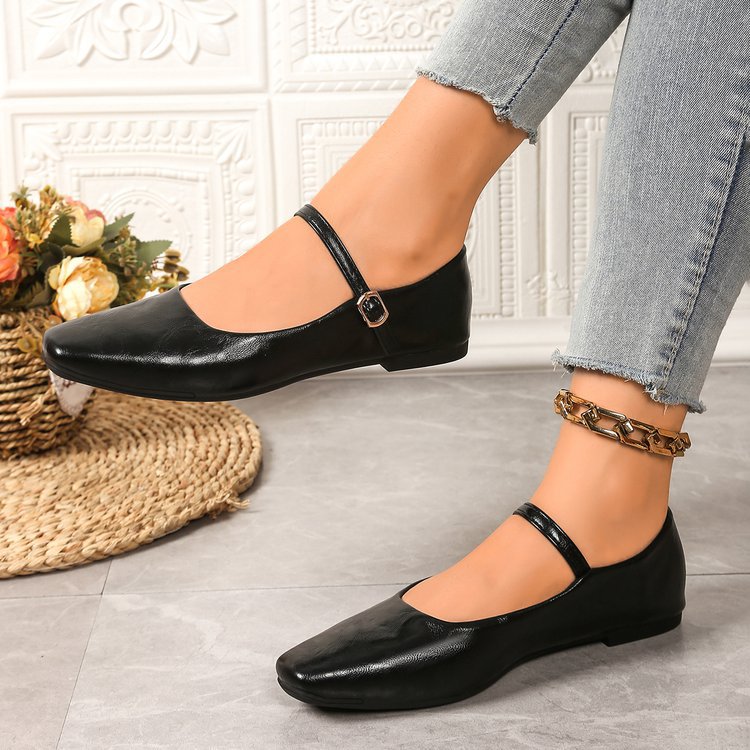 Women's Square Toe Mary Jane Flats with Ankle Strap – Classic Buckle Slip-On Casual Shoes
