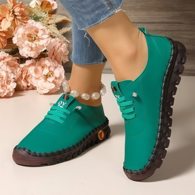 Casual Lace-Up Loafers for Women – Soft Leather Stitched Comfort Shoes with Anti-Slip Sole