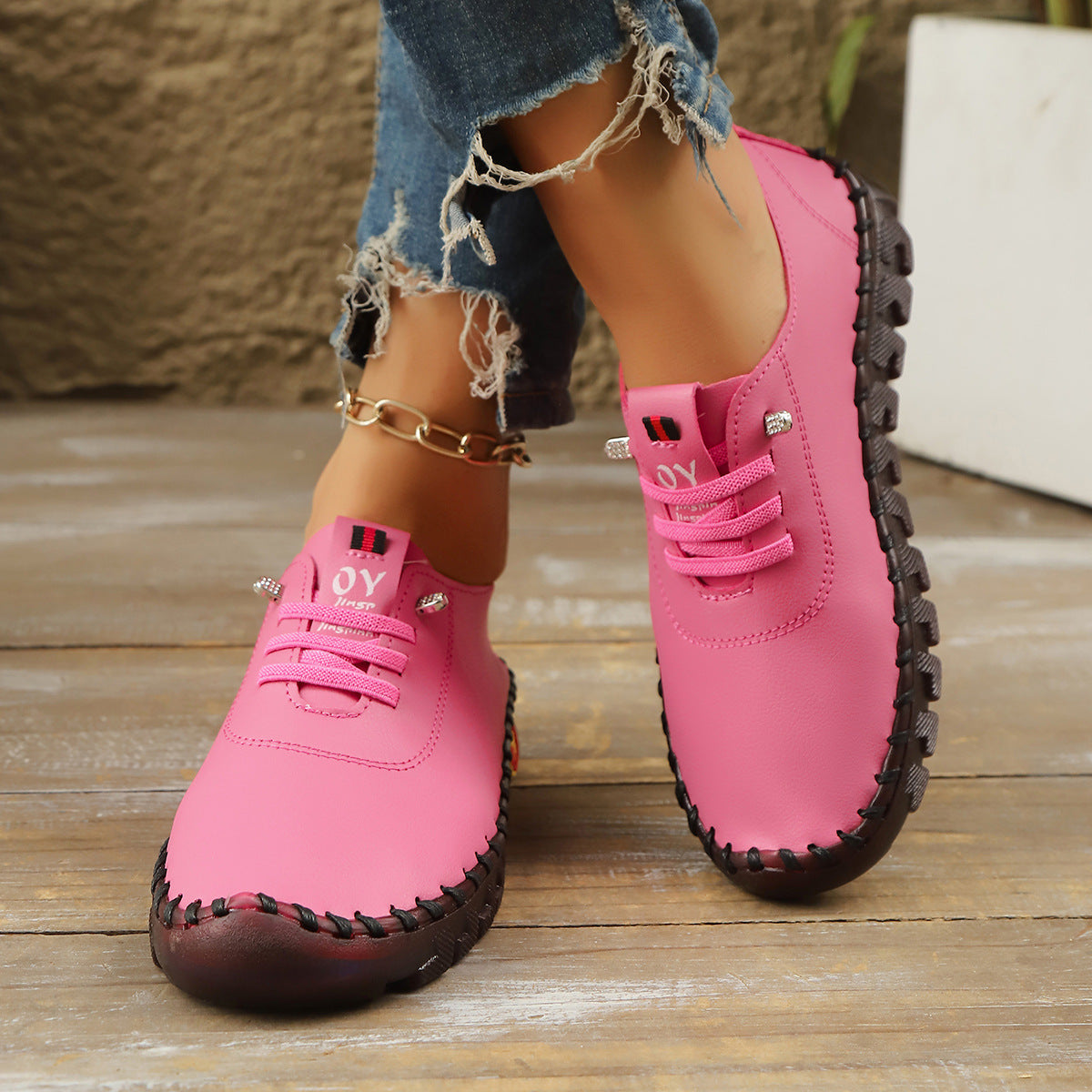 Casual Lace-Up Loafers for Women – Soft Leather Stitched Comfort Shoes with Anti-Slip Sole