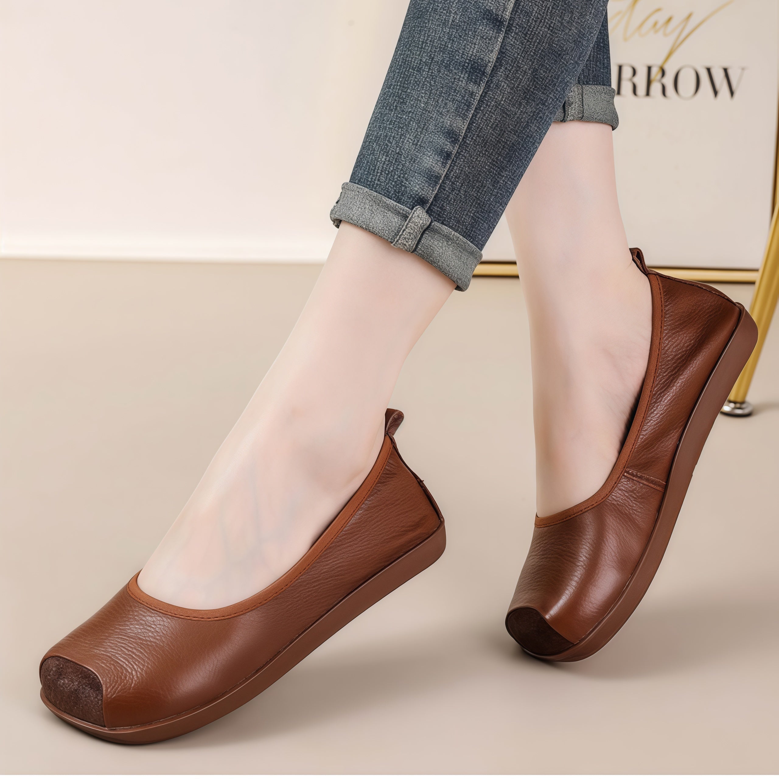 Women's Genuine Cowhide Leather Slip-On Flats - Square Toe Comfort Casual Shoes