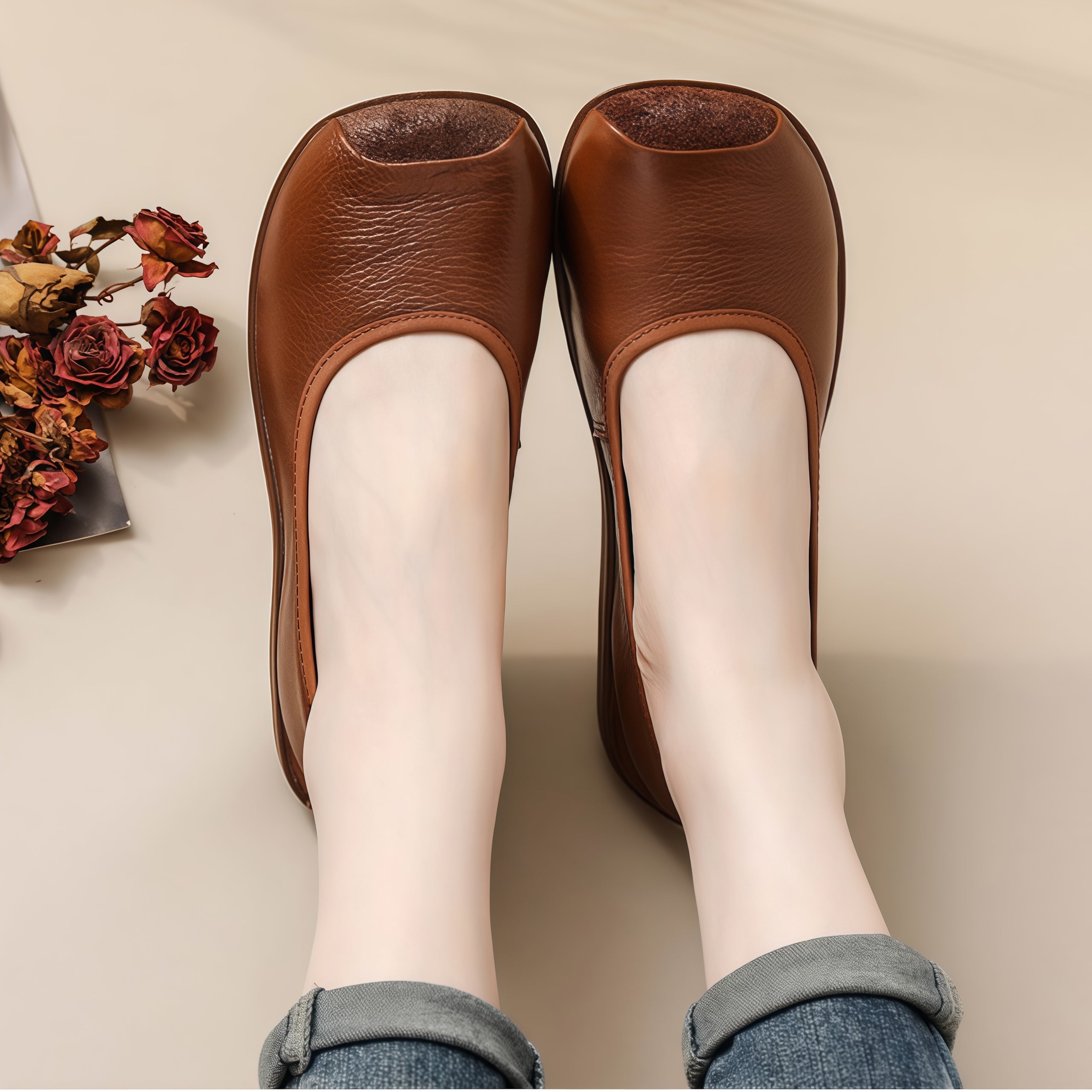 Women's Genuine Cowhide Leather Slip-On Flats - Square Toe Comfort Casual Shoes