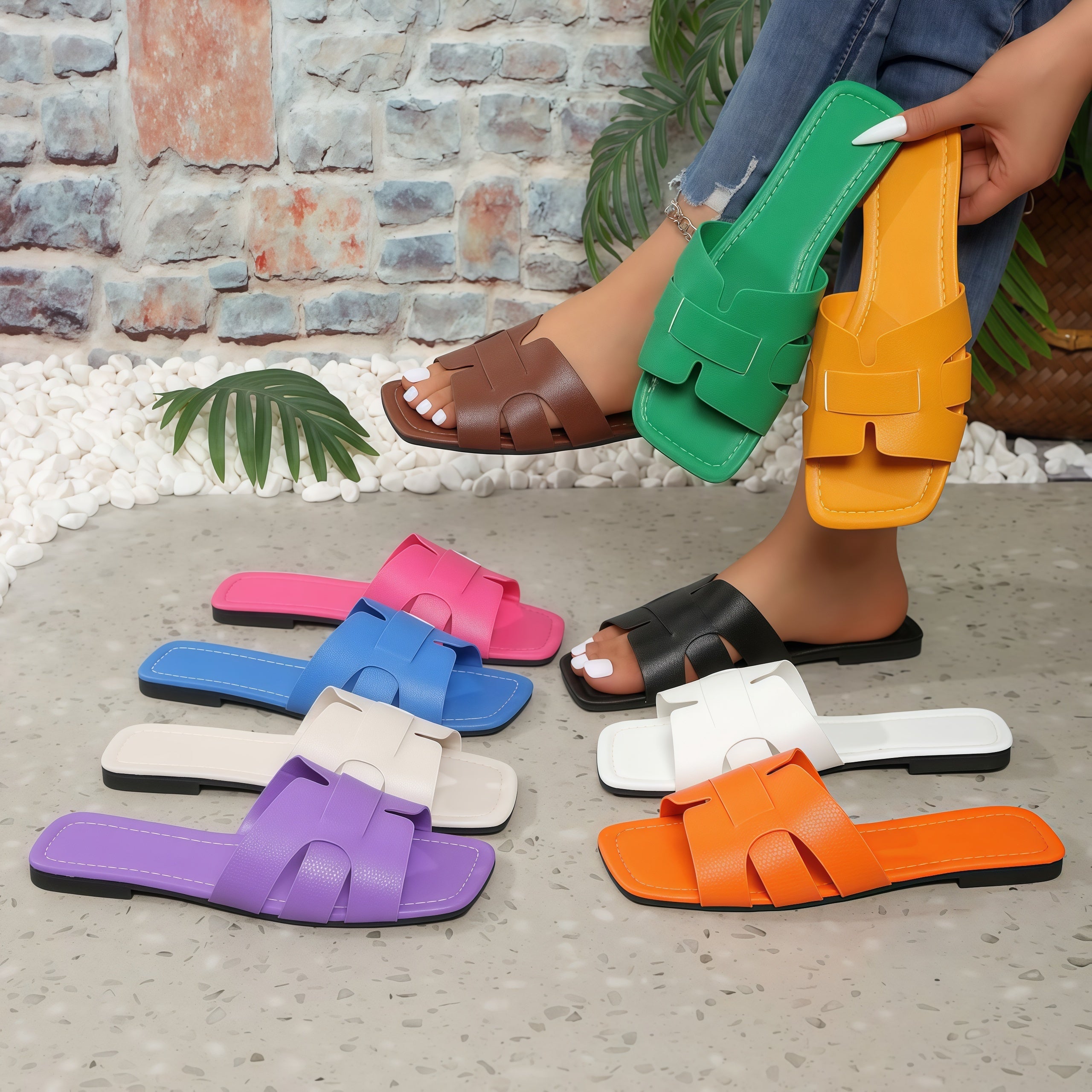 Women's Chunky Slide Sandals - Wide Strap Flat Block Heel Mules