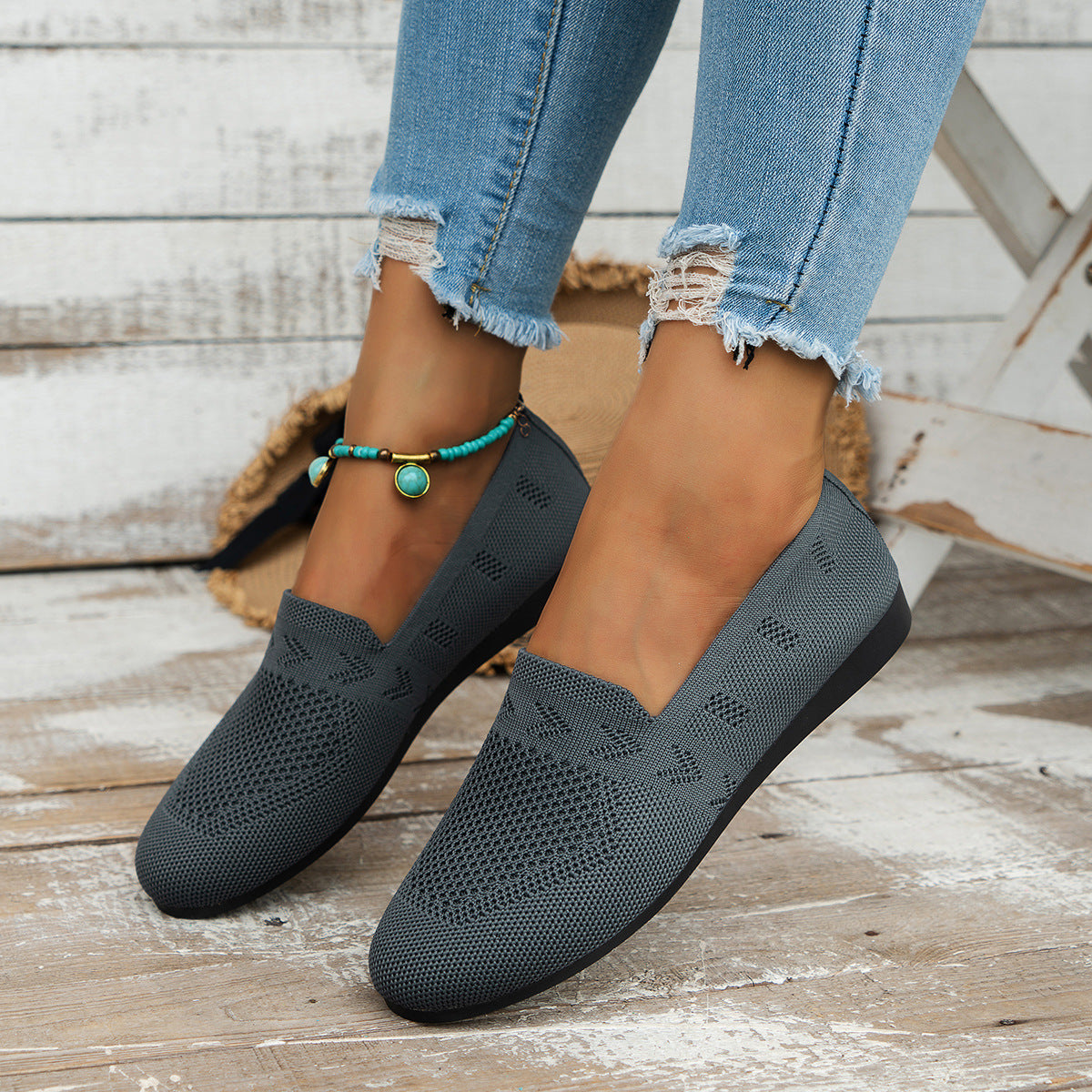 Women's Breathable Mesh Knit Slip-On Flats – Lightweight Casual Walking Shoes