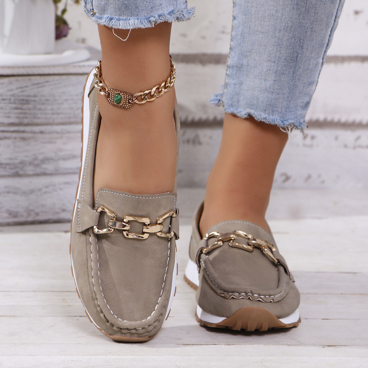 Classic Gold Buckle Loafers – Casual Platform Slip-On Shoes