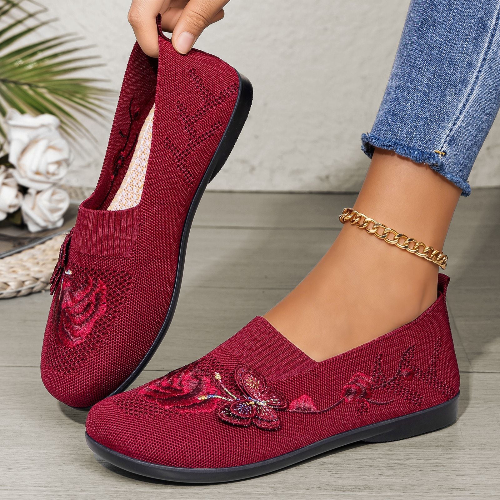 Women's Embroidered Knit Slip-On Shoes – Breathable Butterfly Casual Flats