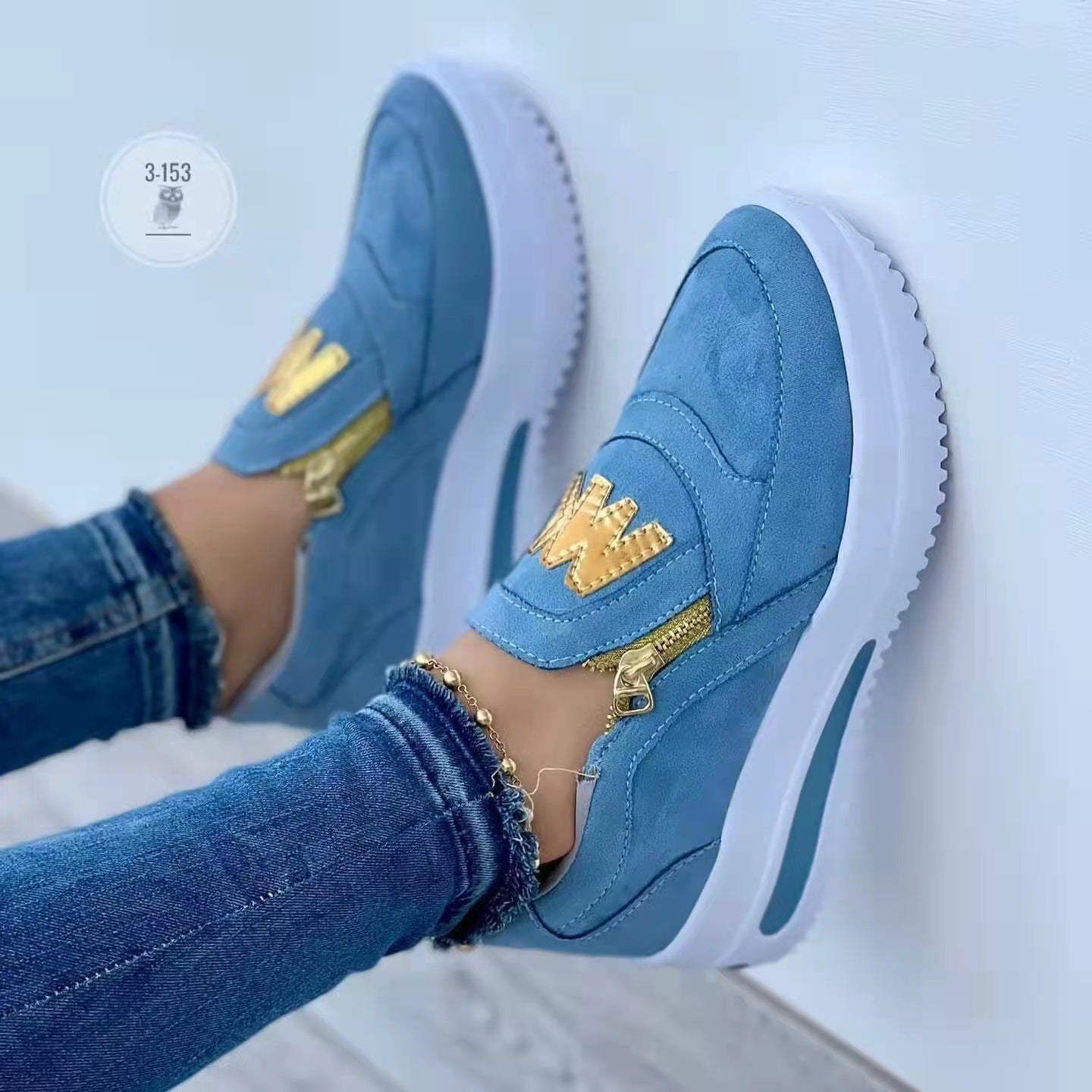 Women's Slip-On Platform Sneakers with Zipper & Metallic Accent - Casual Wedge Shoes