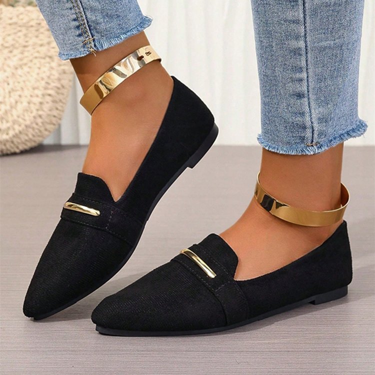 Women's Pointed Toe Loafers with Gold Metal Bar – Suede Ankle Strap Flats Comfortable Slip-On Shoes