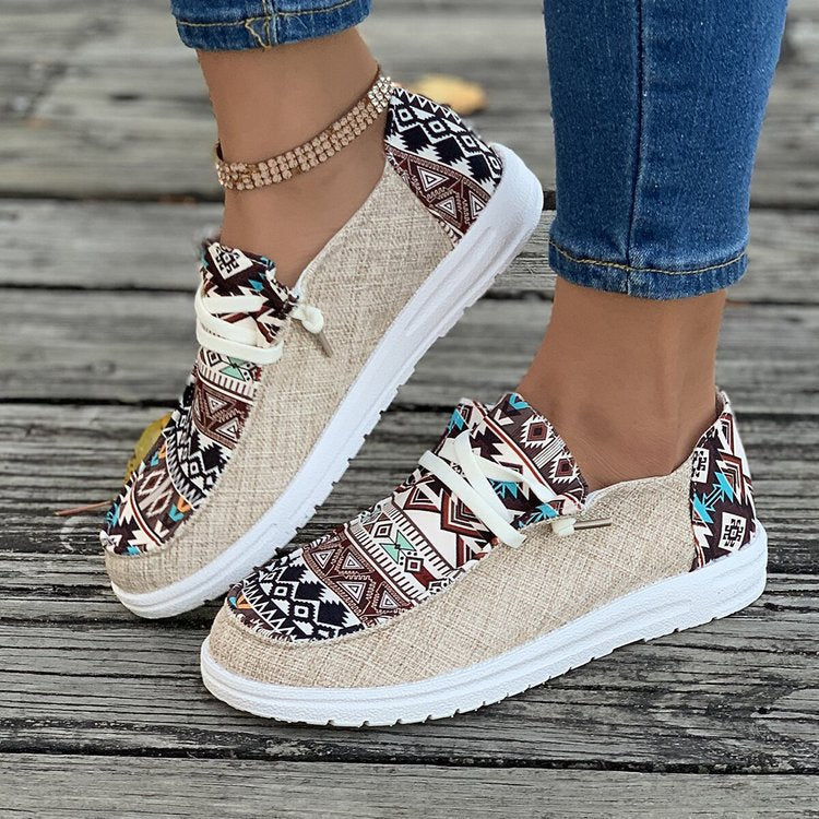 Women's Ethnic Aztec Canvas Sneakers - Tribal Print Casual Slip-On Shoes