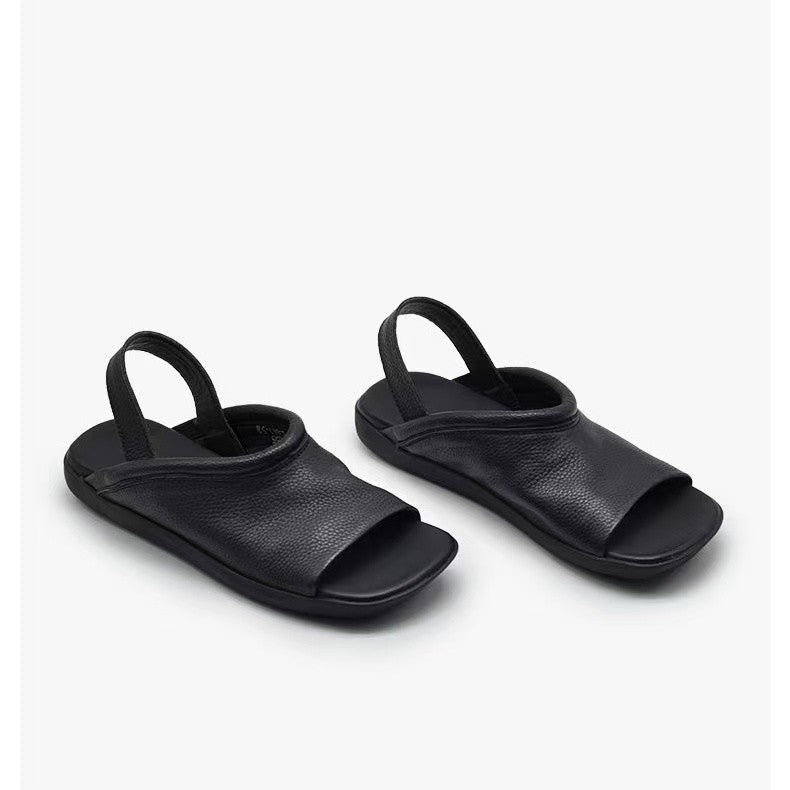 Women's Soft Leather Open Toe Slingback Sandals - Comfort Flat Casual Slides