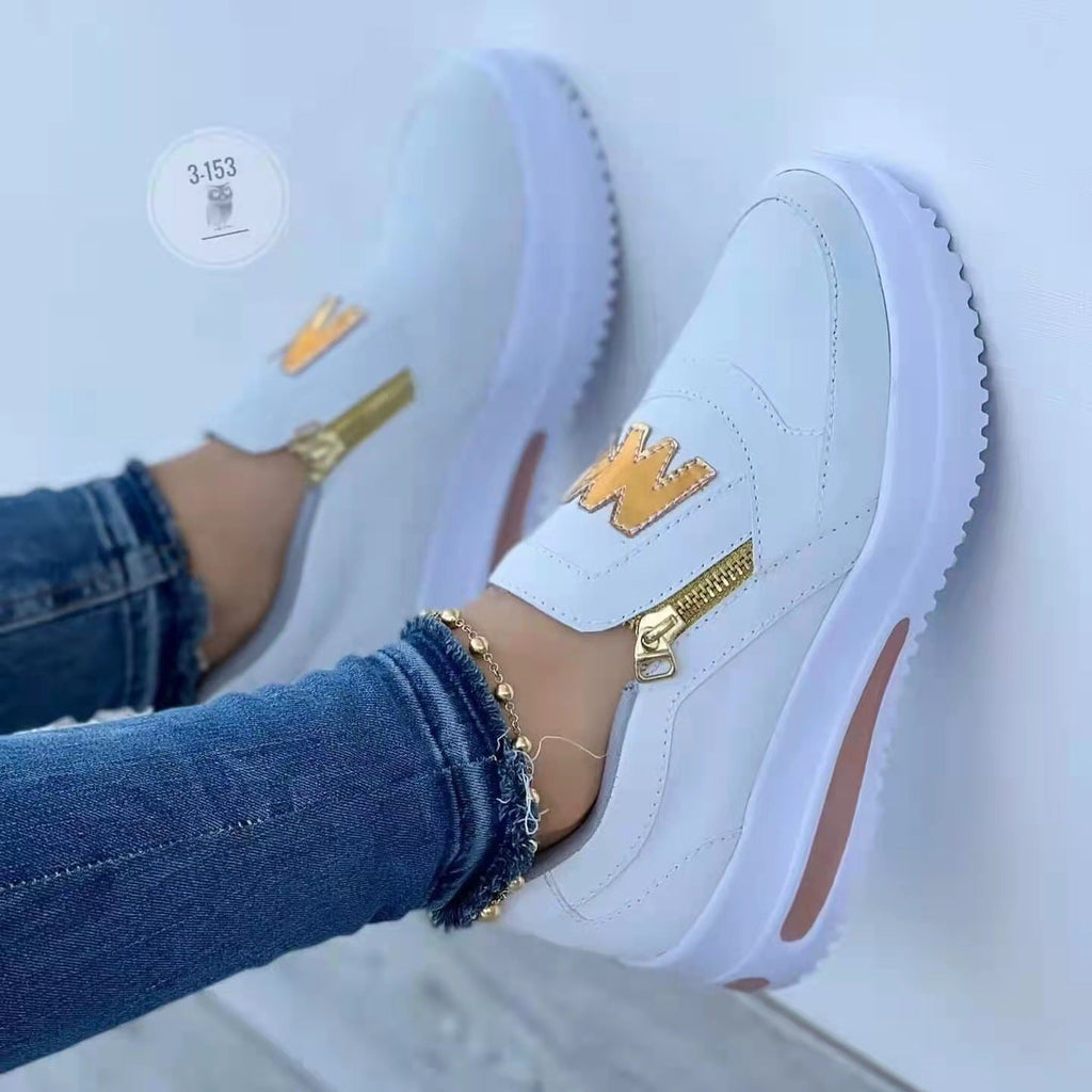Women's Slip-On Platform Sneakers with Zipper & Metallic Accent - Casual Wedge Shoes