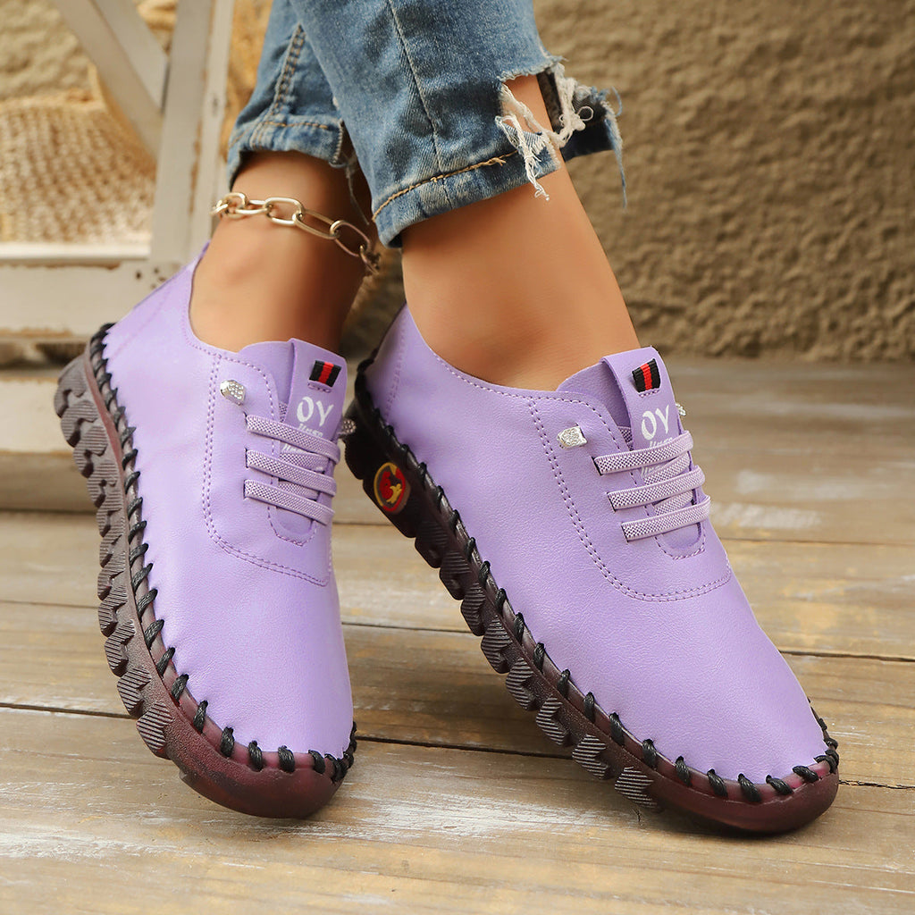 Casual Lace-Up Loafers for Women – Soft Leather Stitched Comfort Shoes with Anti-Slip Sole