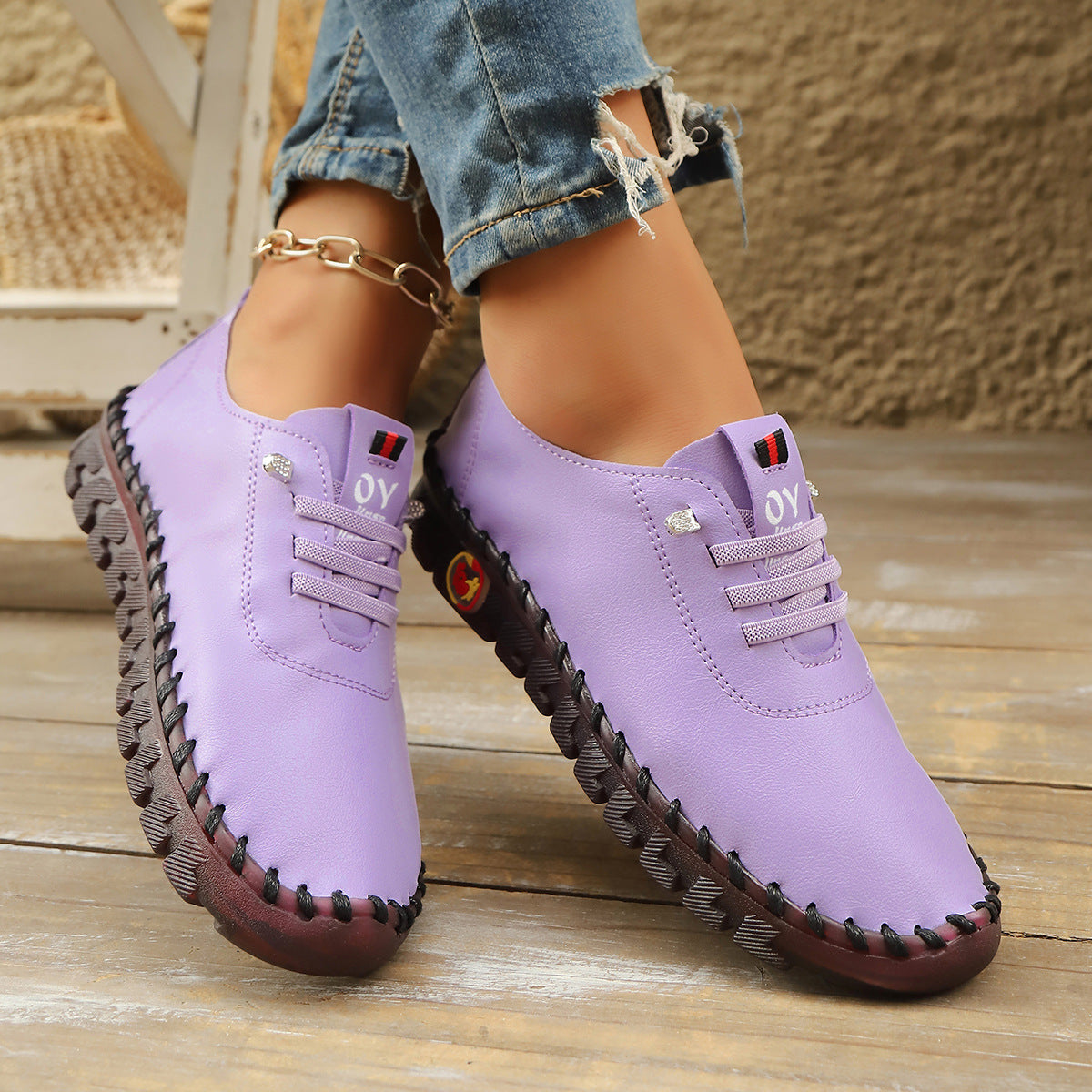Casual Lace-Up Loafers for Women – Soft Leather Stitched Comfort Shoes with Anti-Slip Sole
