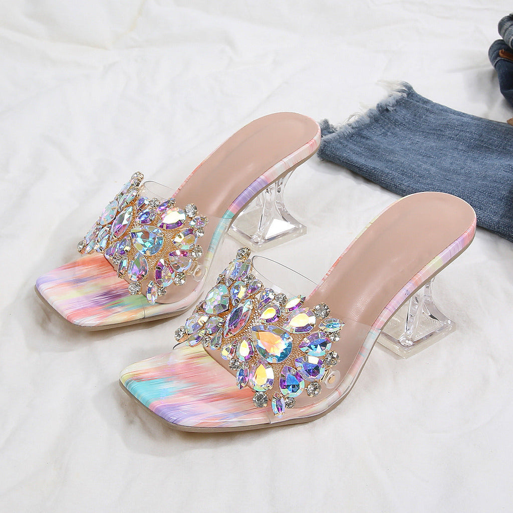 Sparkle Square Toe Clear Heeled Sandals – Rhinestone Embellished Transparent Mules