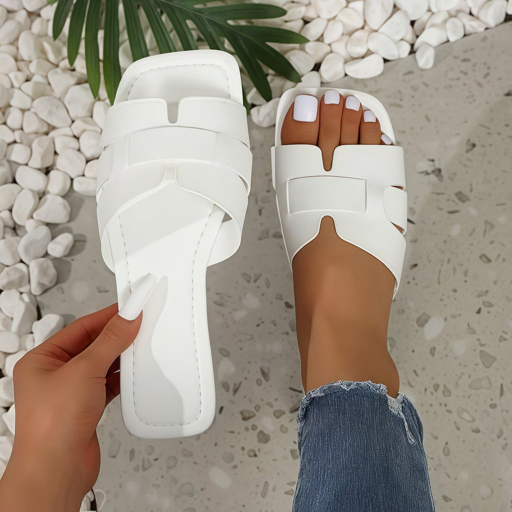 Women's Chunky Slide Sandals - Wide Strap Flat Block Heel Mules