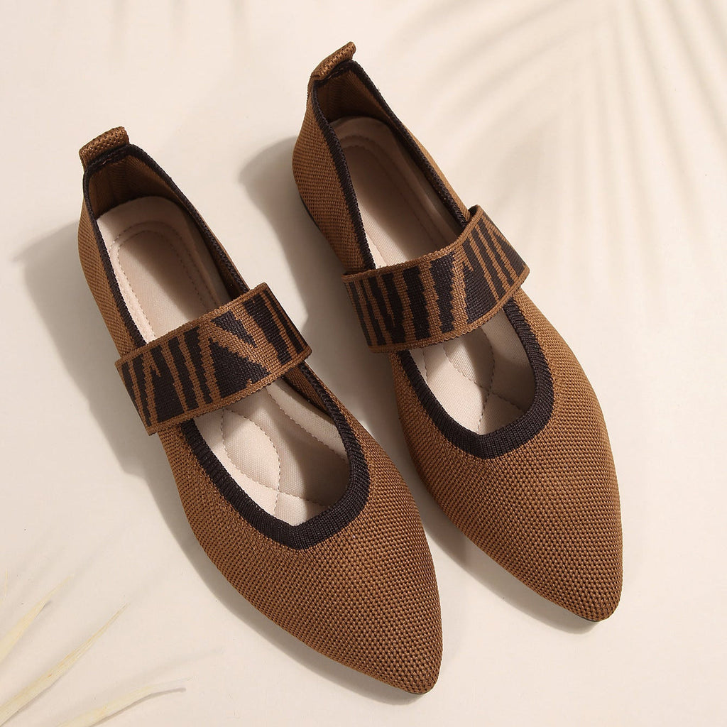 Women's Pointed Toe Mary Jane Flats - Woven Knit Elastic Strap Comfort Shoes