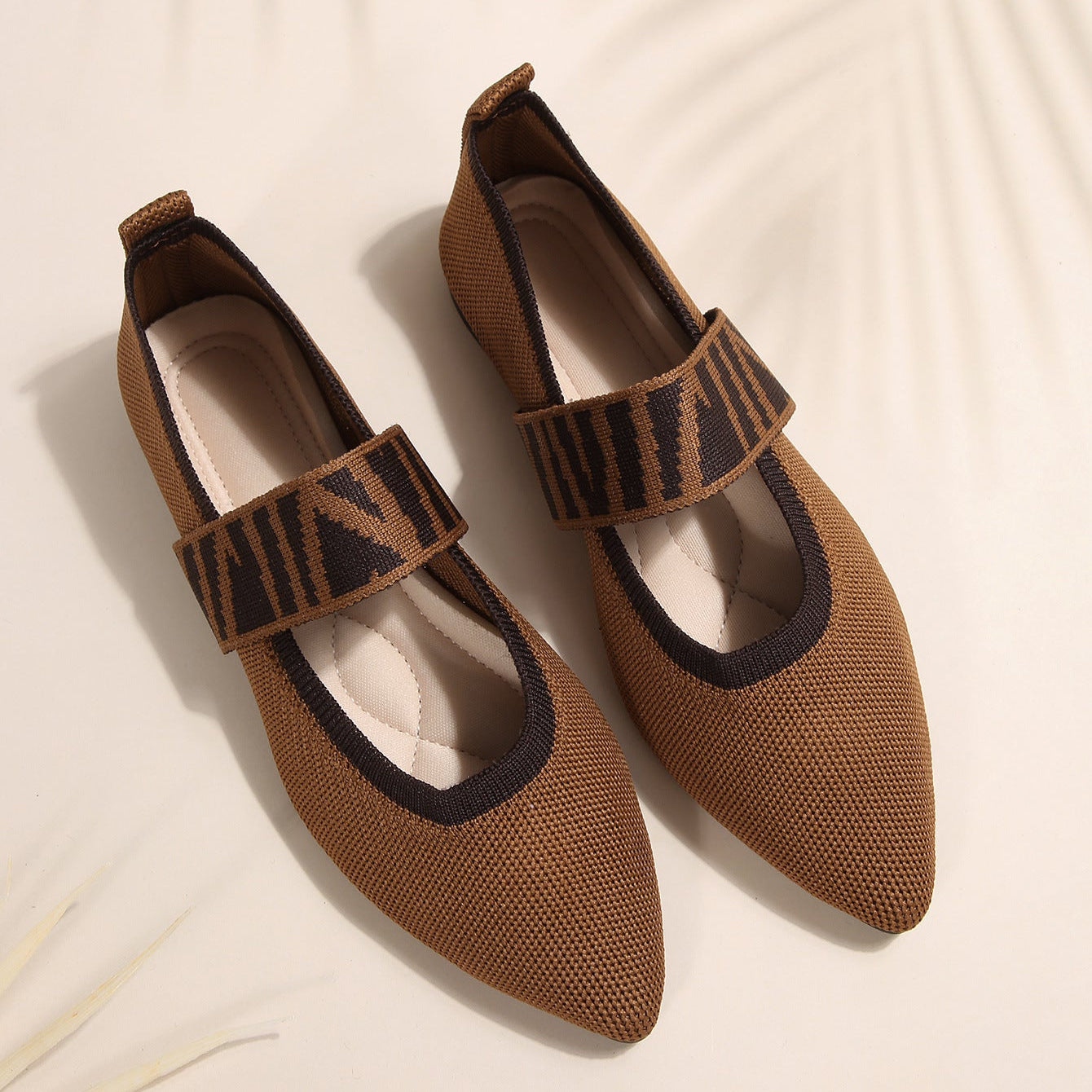 Women's Pointed Toe Mary Jane Flats - Woven Knit Elastic Strap Comfort Shoes