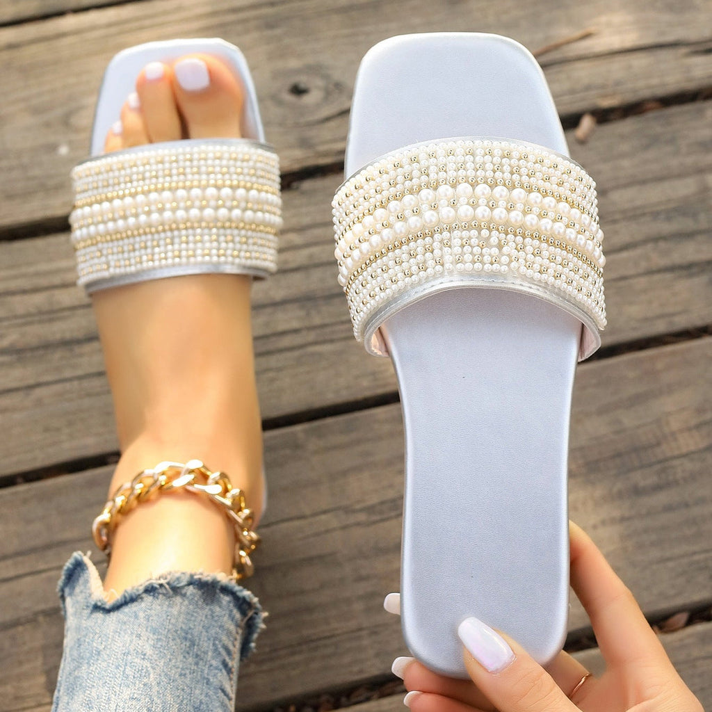 Pearl Rhinestone Embellished Square Toe Slide Sandals – Flat Comfort Mules