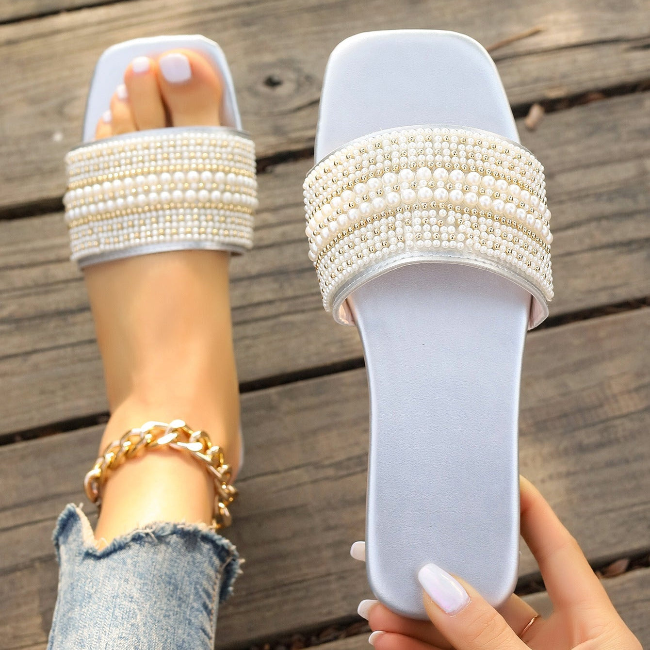 Pearl Rhinestone Embellished Square Toe Slide Sandals – Flat Comfort Mules