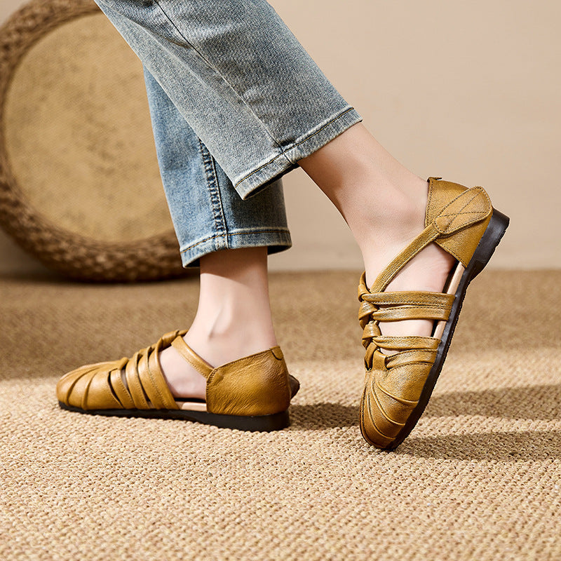 Women's Genuine Cow Leather Woven Strappy Flat Sandals - Pleated Open Toe Comfort Shoes with Ankle Strap