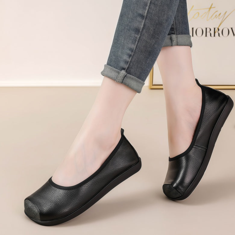 Women's Genuine Cowhide Leather Slip-On Flats - Square Toe Comfort Casual Shoes