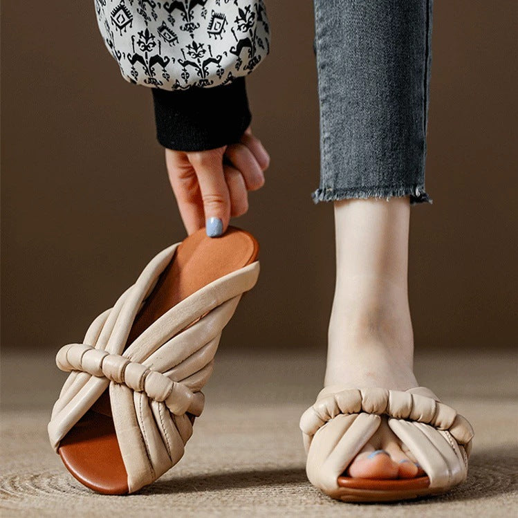 Women's Braided Knot Slide Sandals - Pleated Puffy Strap Low Heel Mules