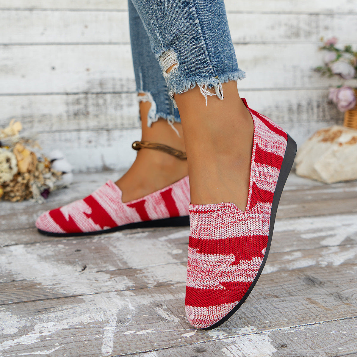 Women's Knit Slip-On Flats - Breathable Casual Camo & Striped Loafers