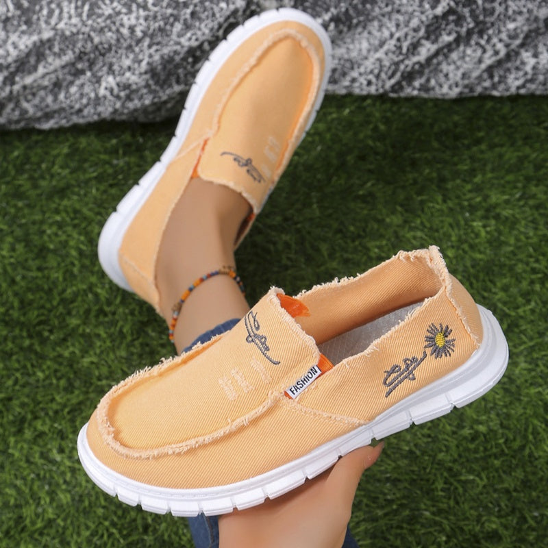 Women's Distressed Canvas Slip-On Loafers - Skateboard Embroidered Casual Shoes