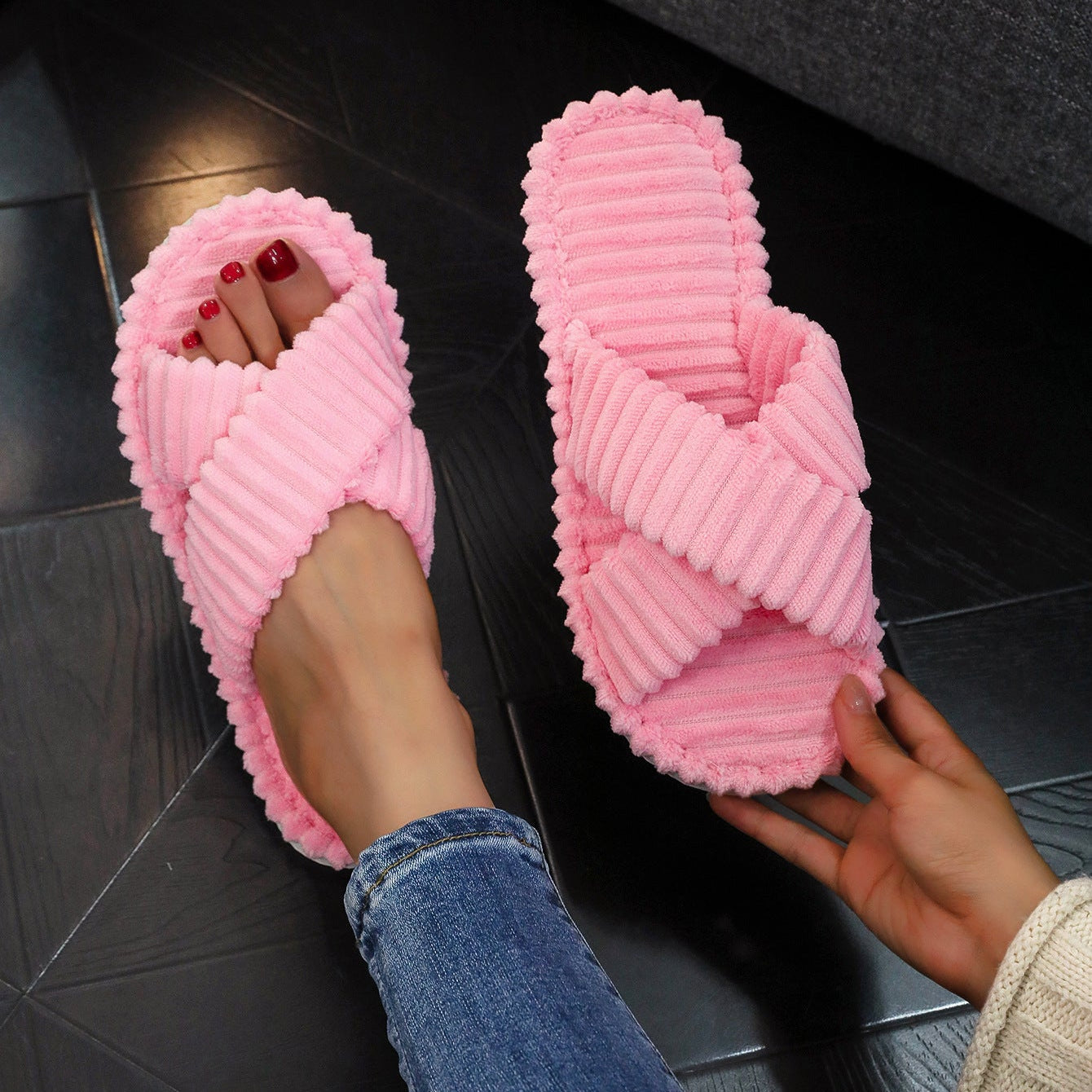 Cozy Corduroy Cross Strap Slides – Plush Platform Slippers