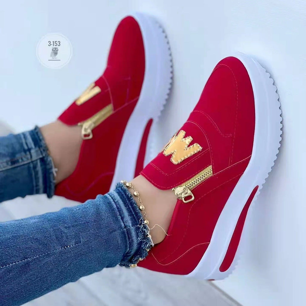 Women's Slip-On Platform Sneakers with Zipper & Metallic Accent - Casual Wedge Shoes