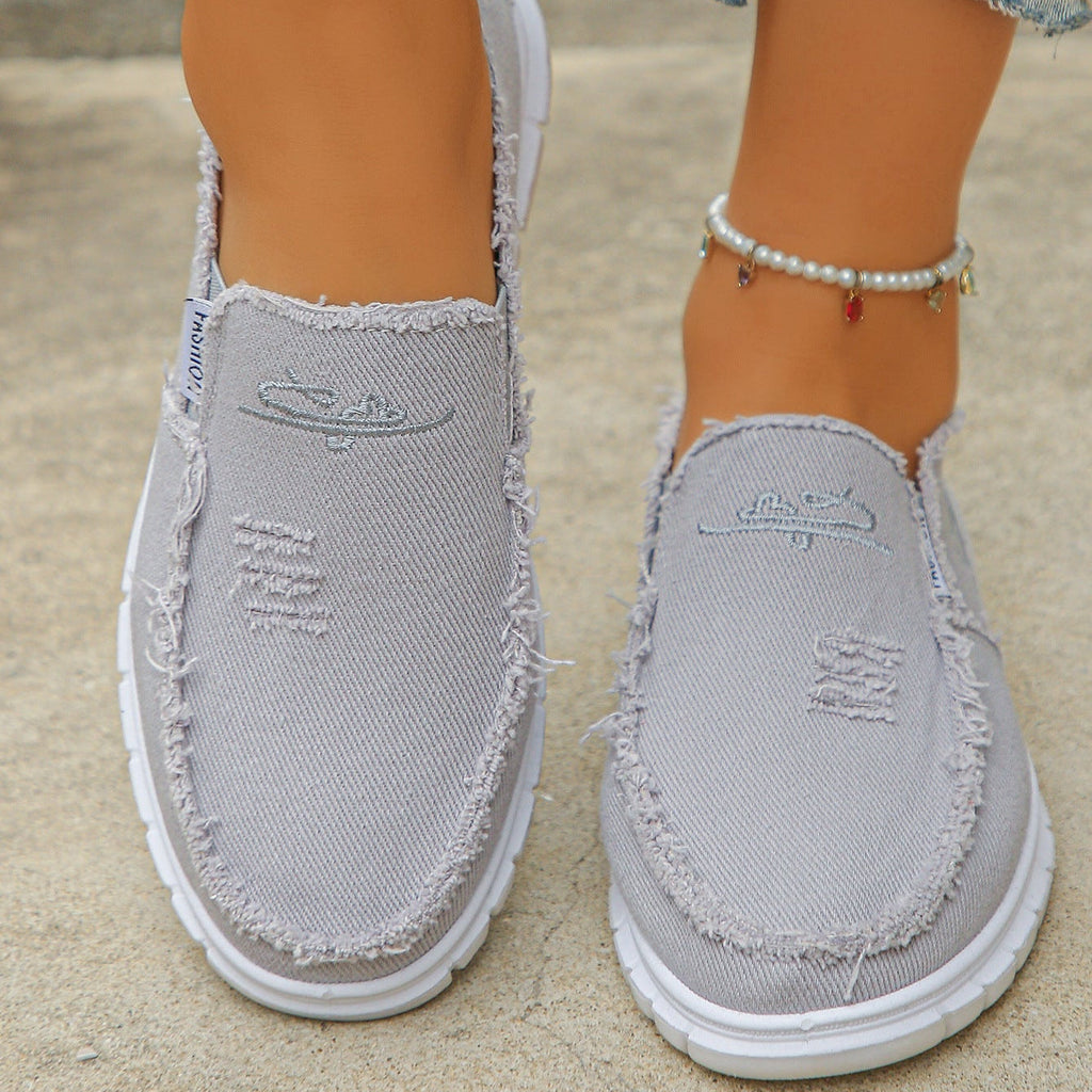 Women's Distressed Canvas Slip-On Loafers - Skateboard Embroidered Casual Shoes