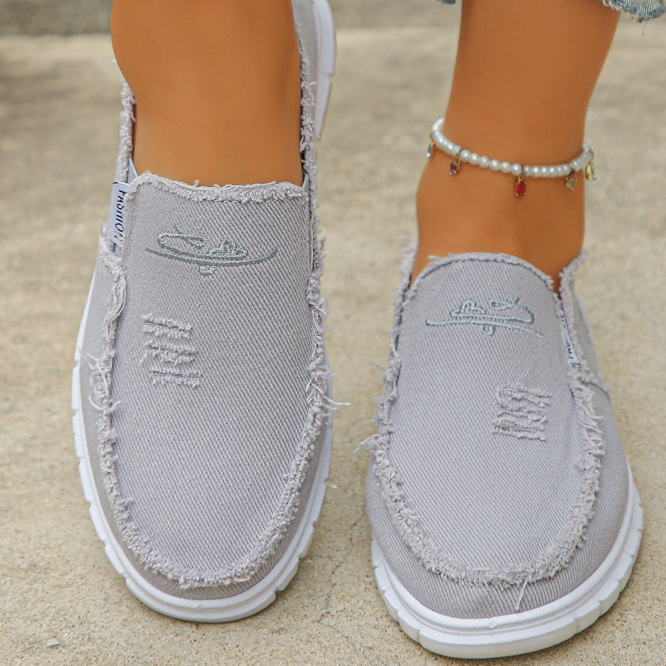 Women's Distressed Canvas Slip-On Loafers - Skateboard Embroidered Casual Shoes