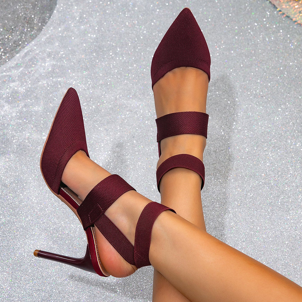 Women's Pointed Toe Stiletto Heels with Elastic Straps – Ankle Wrap High Heel Sandals