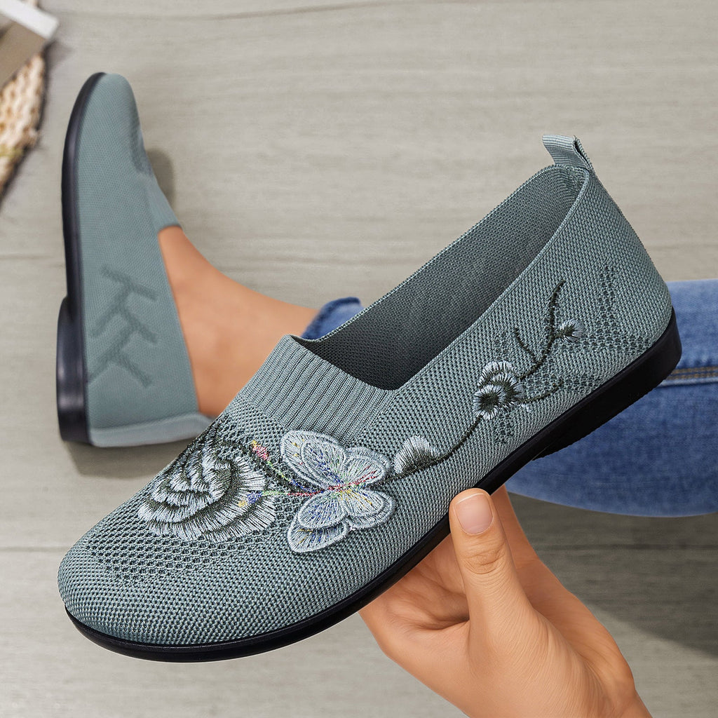 Women's Embroidered Knit Slip-On Shoes – Breathable Butterfly Casual Flats