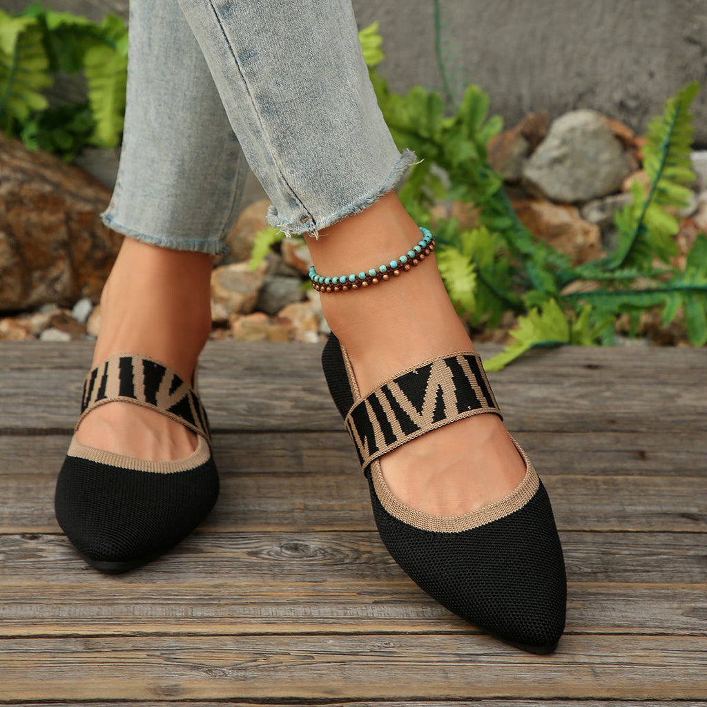 Women's Pointed Toe Mary Jane Flats - Woven Knit Elastic Strap Comfort Shoes
