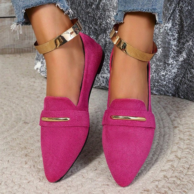 Women's Pointed Toe Loafers with Gold Metal Bar – Suede Ankle Strap Flats Comfortable Slip-On Shoes