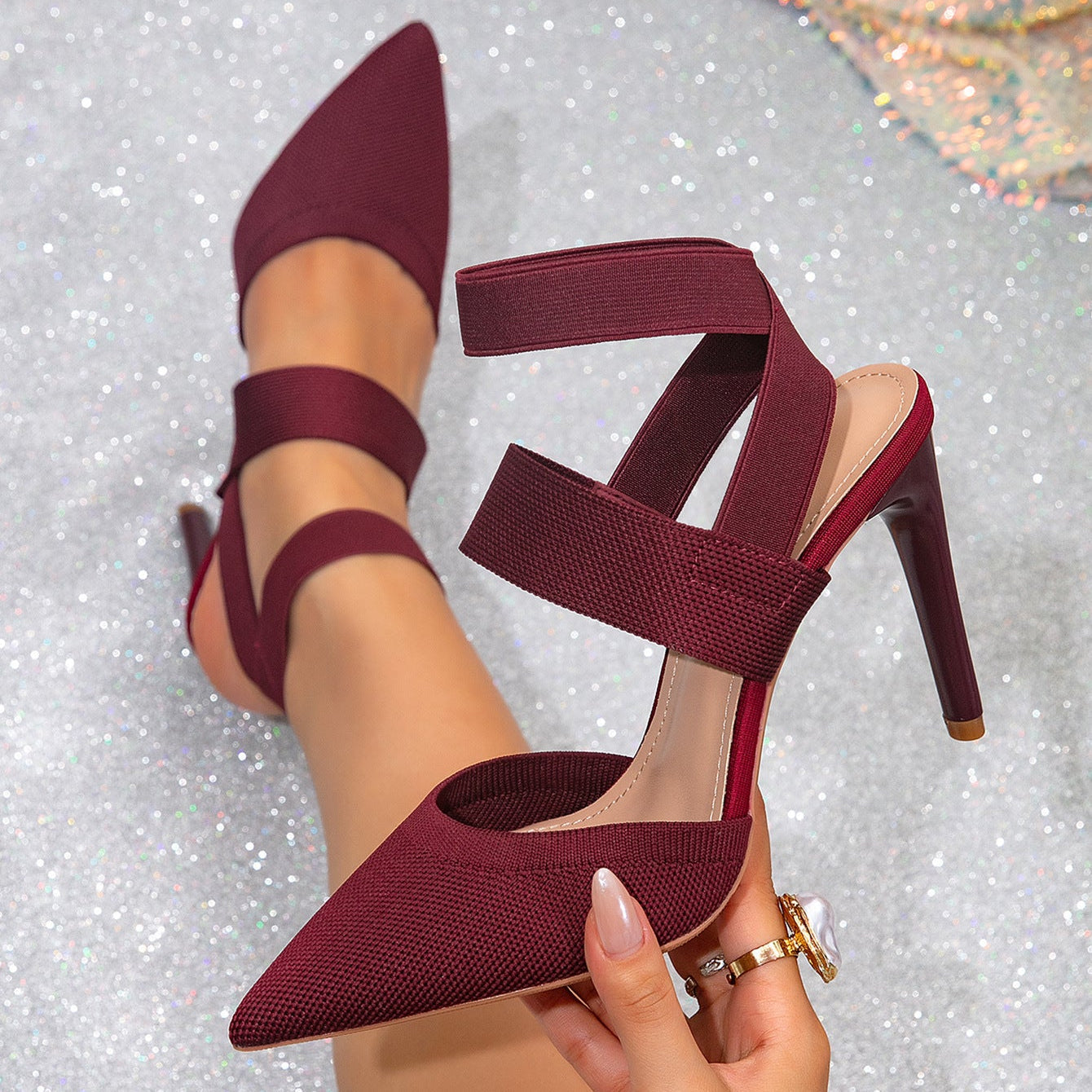 Women's Pointed Toe Stiletto Heels with Elastic Straps – Ankle Wrap High Heel Sandals