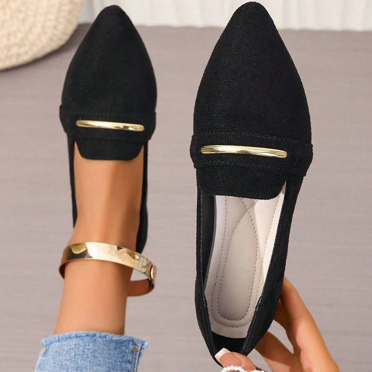 Women's Pointed Toe Loafers with Gold Metal Bar – Suede Ankle Strap Flats Comfortable Slip-On Shoes