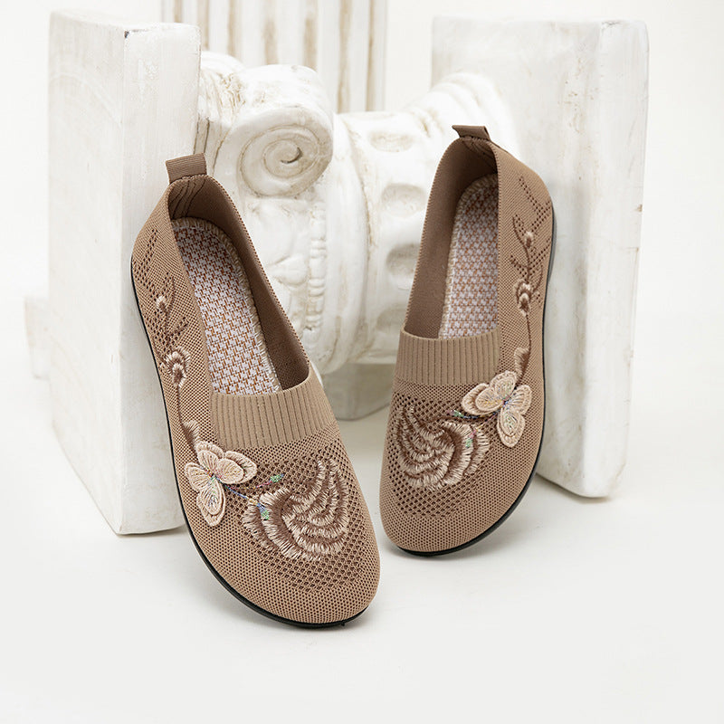 Women's Embroidered Knit Slip-On Shoes – Breathable Butterfly Casual Flats
