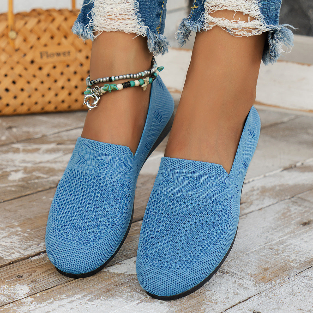 Women's Breathable Mesh Knit Slip-On Flats – Lightweight Casual Walking Shoes