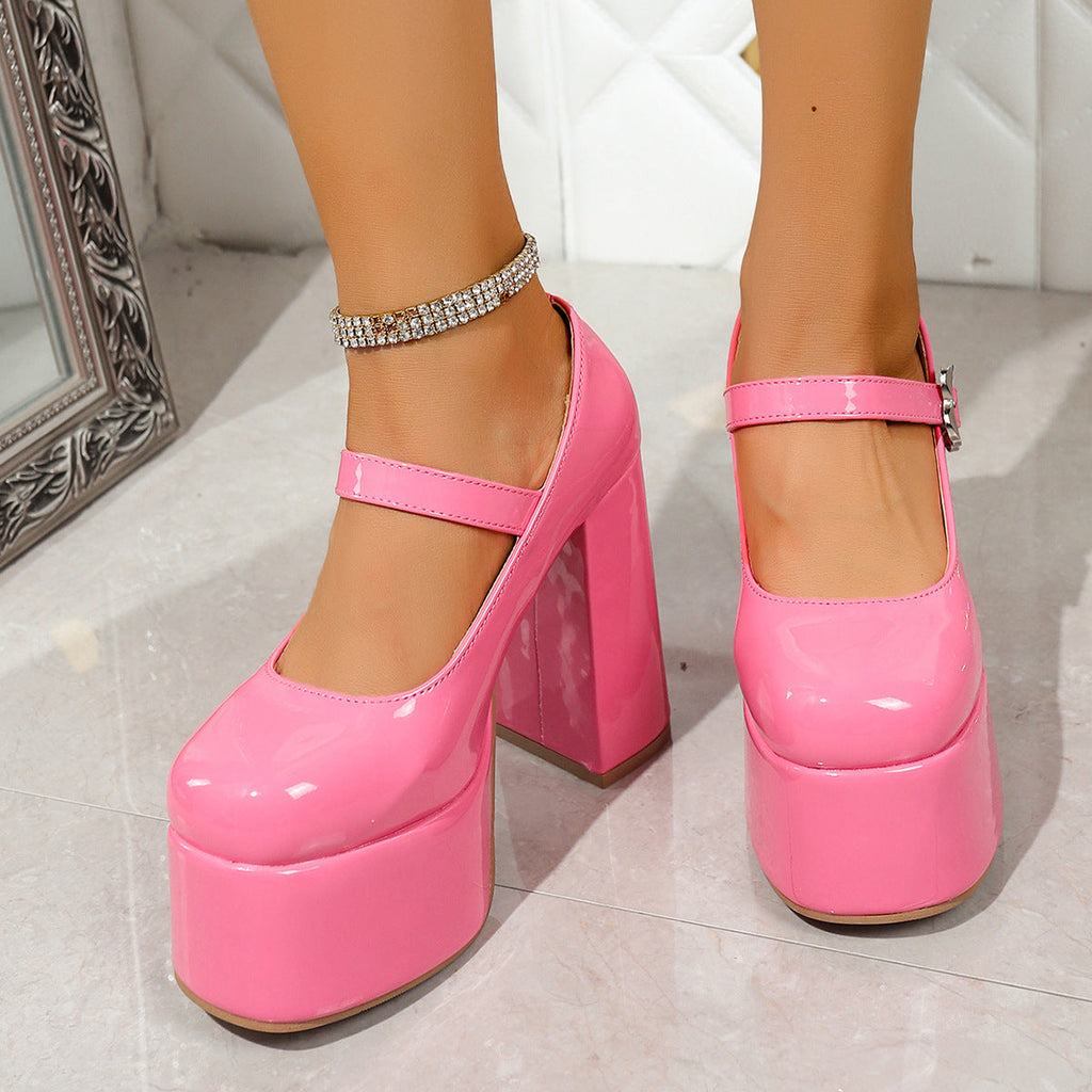 Women's Platform Mary Jane Shoes Chunky Block Heel Patent Leather Pumps