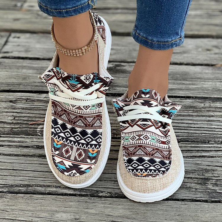 Women's Ethnic Aztec Canvas Sneakers - Tribal Print Casual Slip-On Shoes