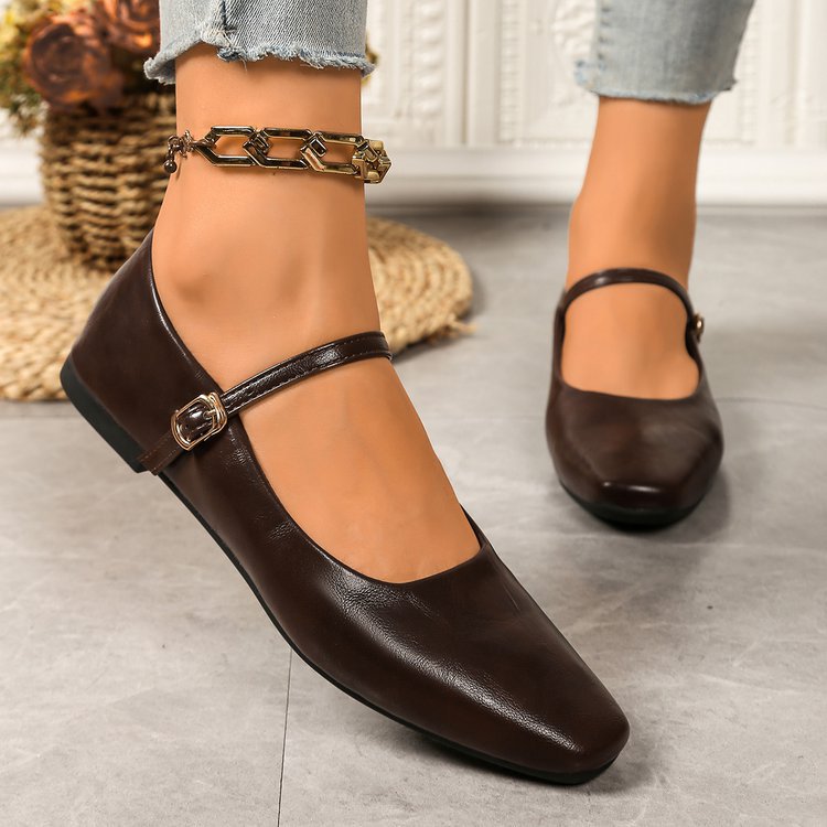 Women's Square Toe Mary Jane Flats with Ankle Strap – Classic Buckle Slip-On Casual Shoes