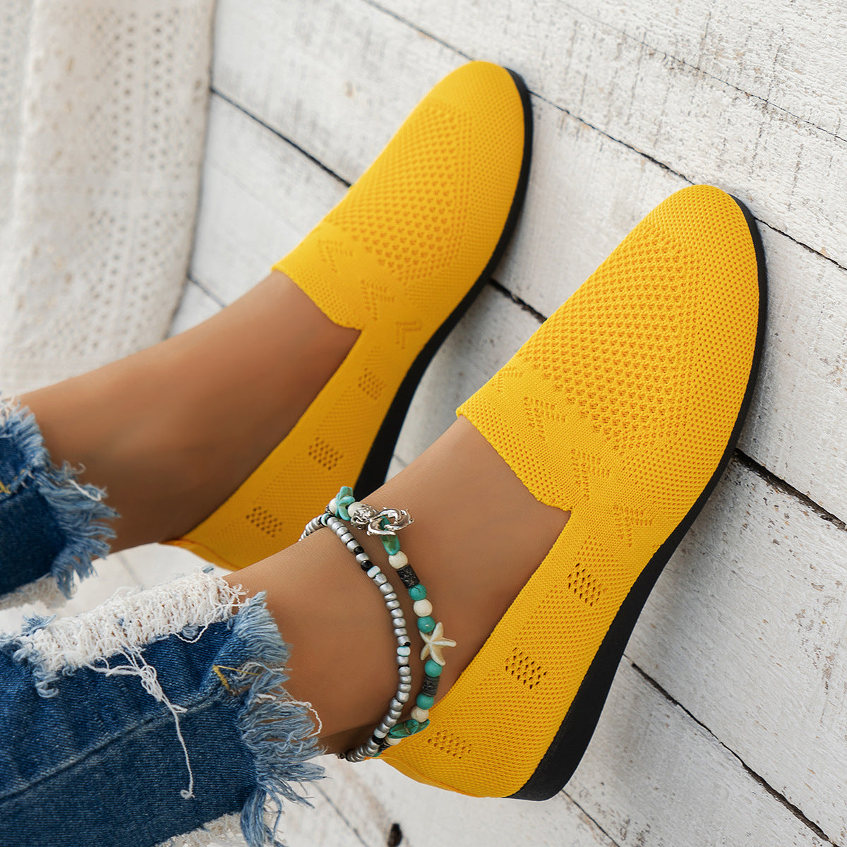 Women's Breathable Mesh Knit Slip-On Flats – Lightweight Casual Walking Shoes
