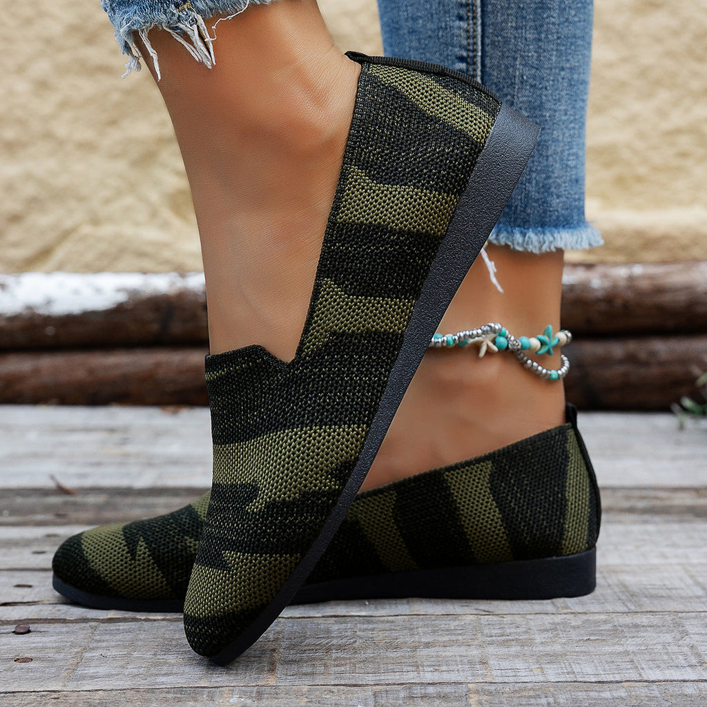 Women's Knit Slip-On Flats - Breathable Casual Camo & Striped Loafers