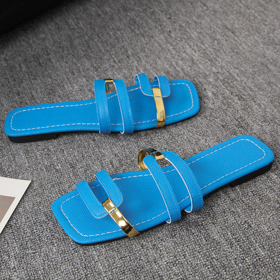 Women's Square Toe Strappy Slide Sandals with Gold Metal Accents – Comfortable Flat Summer Shoes